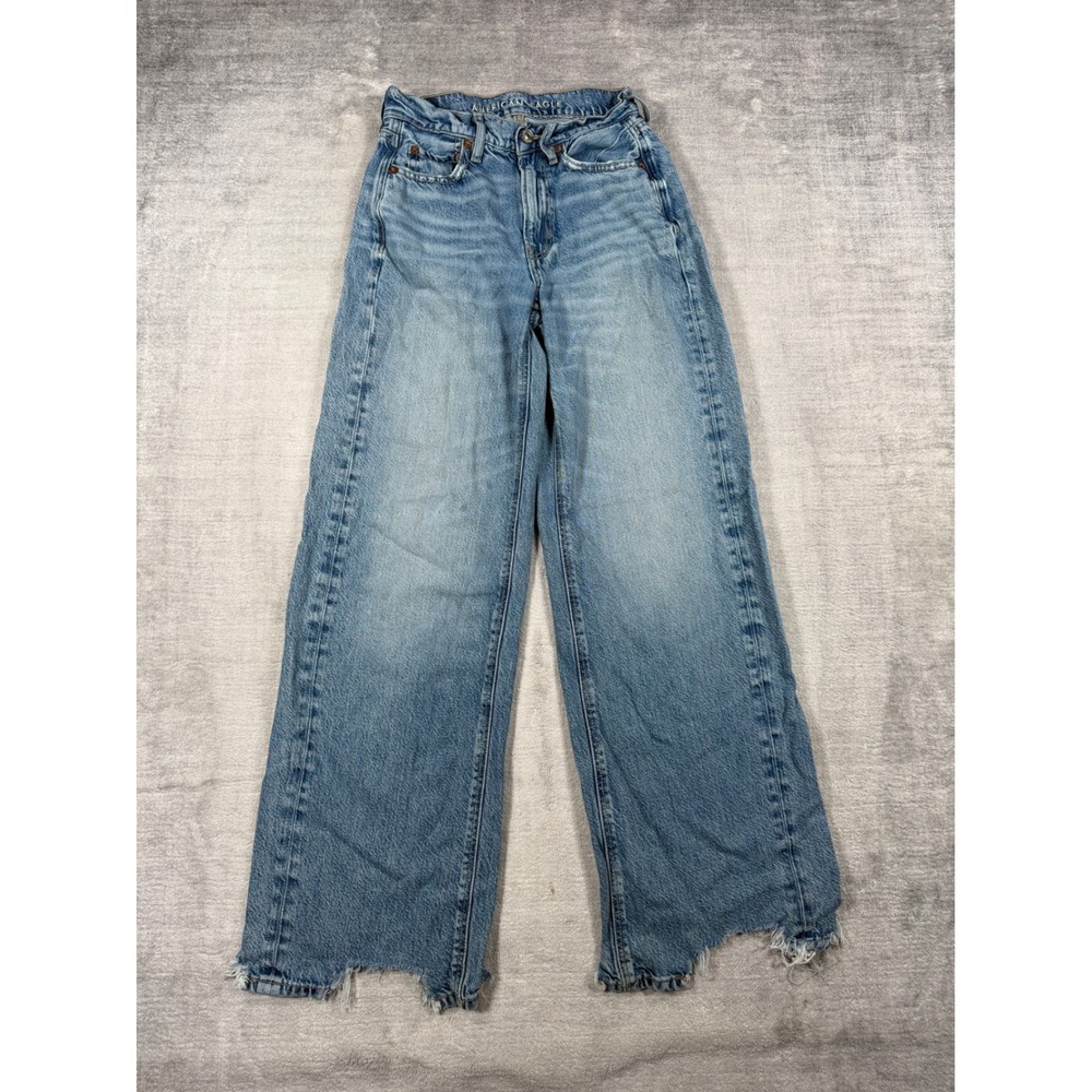 American Eagle Jeans Womens 00 Blue Denim Baggy Wide Leg High Rise Distressed